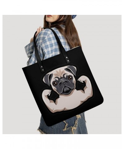 Funny Pug Dog Musculs Tote Bag PU Leather Handbag Fashion Sling Bag Shoulder Purse Top Handle Handbags for Women $18.35 Totes