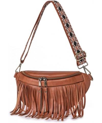 Women Vegan Leather Cross Chest Bag Rivets Fringed Shoulder Handbag Purse Waist Bag C-Brown $13.80 Shoulder Bags