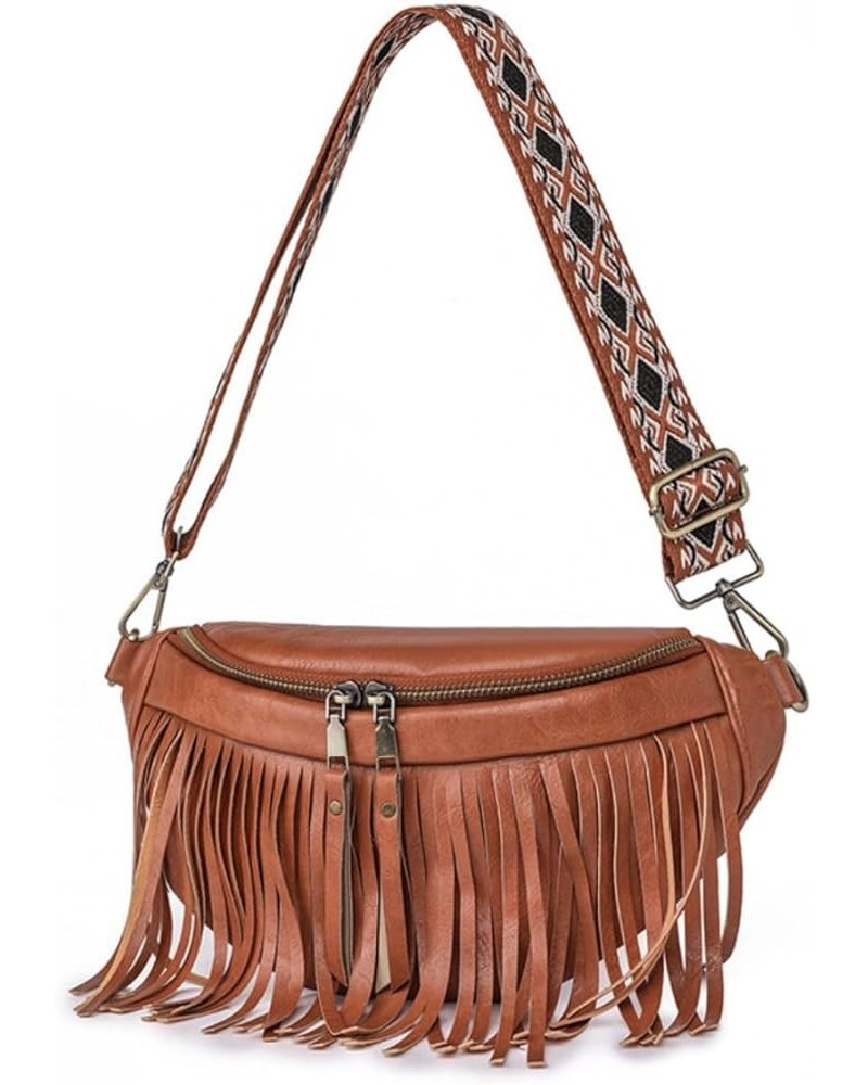 Women Vegan Leather Cross Chest Bag Rivets Fringed Shoulder Handbag Purse Waist Bag C-Brown $13.80 Shoulder Bags