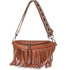 Women Vegan Leather Cross Chest Bag Rivets Fringed Shoulder Handbag Purse Waist Bag C-Brown $13.80 Shoulder Bags