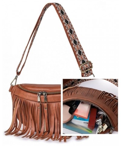 Women Vegan Leather Cross Chest Bag Rivets Fringed Shoulder Handbag Purse Waist Bag C-Brown $13.80 Shoulder Bags