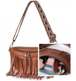 Women Vegan Leather Cross Chest Bag Rivets Fringed Shoulder Handbag Purse Waist Bag C-Brown $13.80 Shoulder Bags