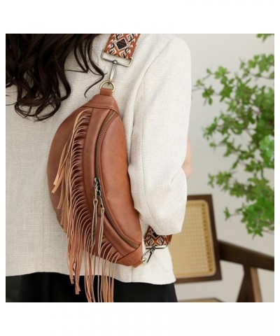 Women Vegan Leather Cross Chest Bag Rivets Fringed Shoulder Handbag Purse Waist Bag C-Brown $13.80 Shoulder Bags