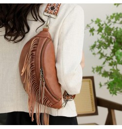 Women Vegan Leather Cross Chest Bag Rivets Fringed Shoulder Handbag Purse Waist Bag C-Brown $13.80 Shoulder Bags