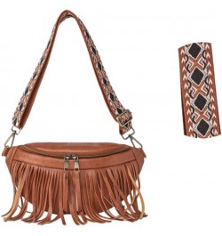 Women Vegan Leather Cross Chest Bag Rivets Fringed Shoulder Handbag Purse Waist Bag C-Brown $13.80 Shoulder Bags