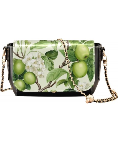 Cat Sitting in Floral Pu Women Leather Shoulder Bag, Leather Crossbody Bags for Women Medium Size Green Apples and White Blos...