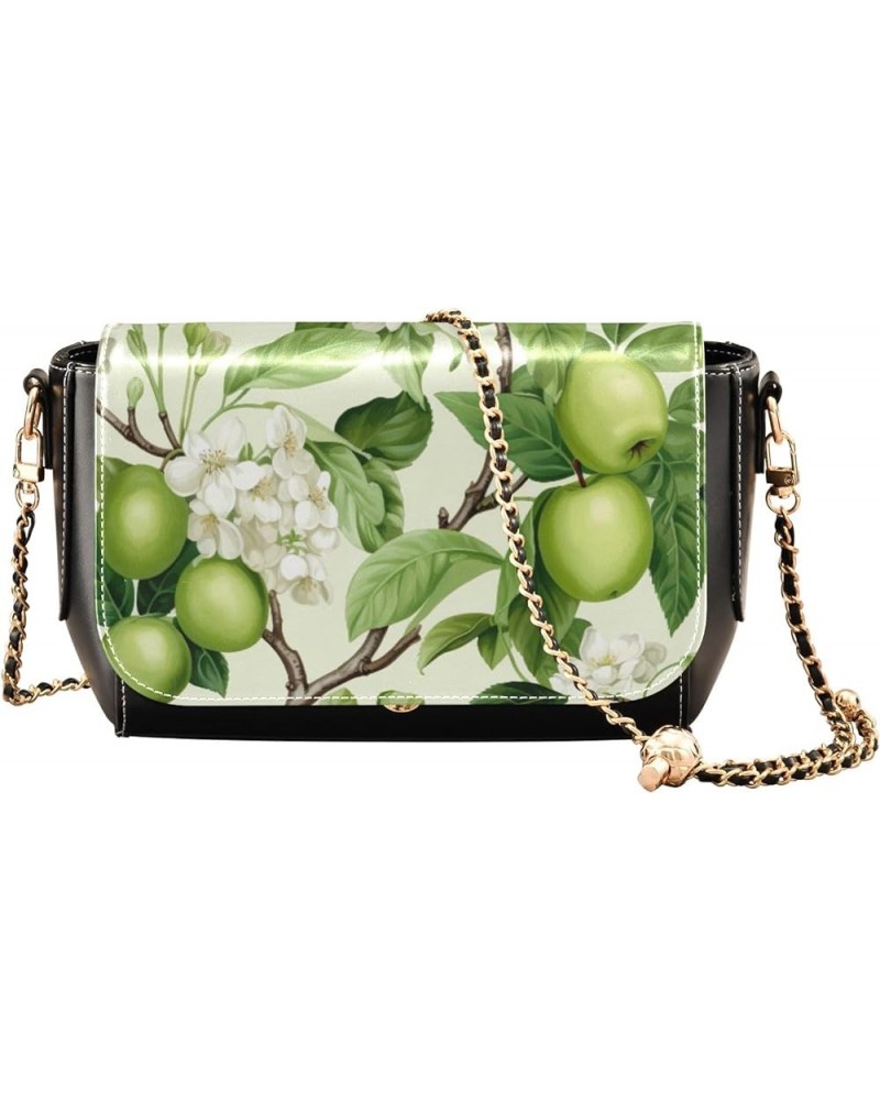 Cat Sitting in Floral Pu Women Leather Shoulder Bag, Leather Crossbody Bags for Women Medium Size Green Apples and White Blos...