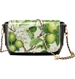 Cat Sitting in Floral Pu Women Leather Shoulder Bag, Leather Crossbody Bags for Women Medium Size Green Apples and White Blos...