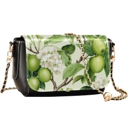 Cat Sitting in Floral Pu Women Leather Shoulder Bag, Leather Crossbody Bags for Women Medium Size Green Apples and White Blos...