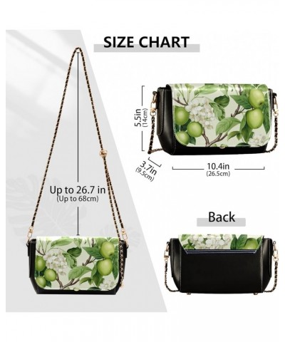 Cat Sitting in Floral Pu Women Leather Shoulder Bag, Leather Crossbody Bags for Women Medium Size Green Apples and White Blos...