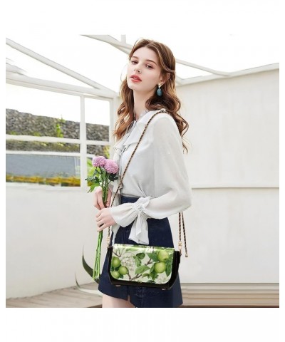 Cat Sitting in Floral Pu Women Leather Shoulder Bag, Leather Crossbody Bags for Women Medium Size Green Apples and White Blos...