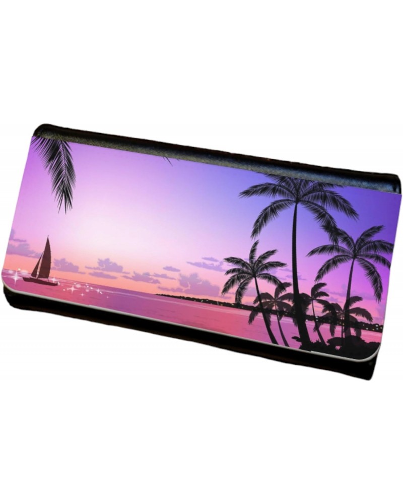 Tropical Sunset Pink and Purple Design Leather Womens Tri Fold Wallet $17.47 Wallets