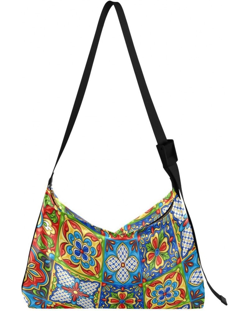 Mexican Talavera Ethnic Folk Crossbody Bag Hobo Handbag Purse Fashion PU Leather Shoulder Bags for Women $19.03 Hobo Bags