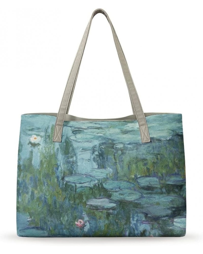 Women's Van Gogh Art 3D Print PU Leather Large Shoulder Bag Satchel Handbags Tote Bags Monet Water Lily $19.27 Totes