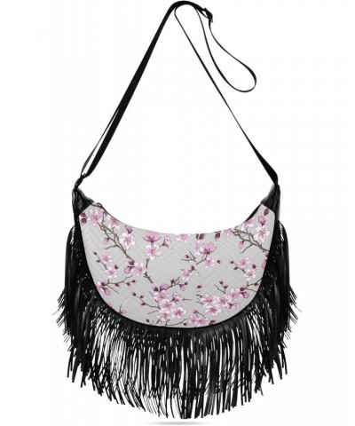 Cherry Blossom Image Tassel Crossbody Bag with Adjustable Strap and Zipper Crossbody Handbag for Women $11.20 Crossbody Bags