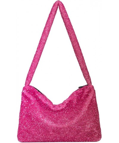 Gradient Color Women Designer Hobo Bags, Furry Tote Women Single Shoulder Bag Hot Pink Glitter $8.82 Totes