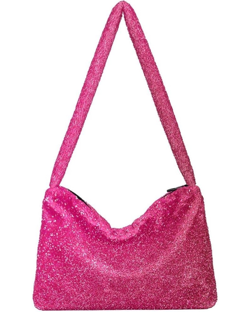 Gradient Color Women Designer Hobo Bags, Furry Tote Women Single Shoulder Bag Hot Pink Glitter $8.82 Totes