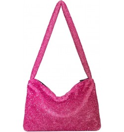 Gradient Color Women Designer Hobo Bags, Furry Tote Women Single Shoulder Bag Hot Pink Glitter $8.82 Totes