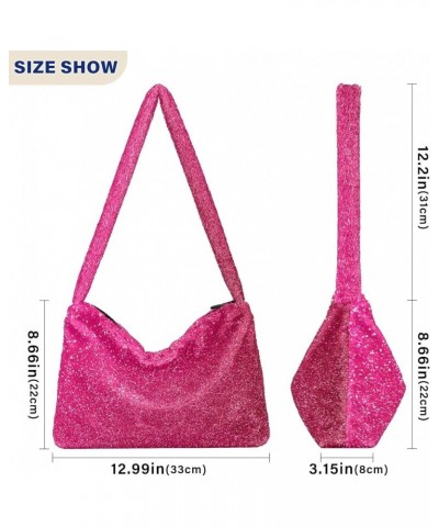 Gradient Color Women Designer Hobo Bags, Furry Tote Women Single Shoulder Bag Hot Pink Glitter $8.82 Totes