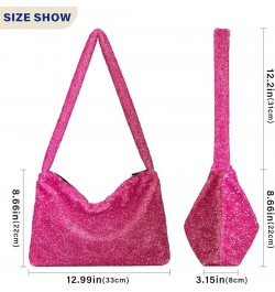 Gradient Color Women Designer Hobo Bags, Furry Tote Women Single Shoulder Bag Hot Pink Glitter $8.82 Totes