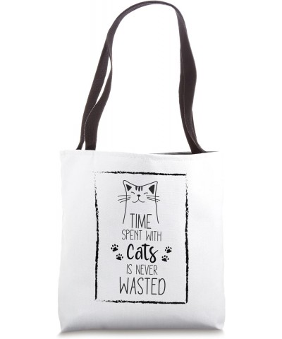 Time Spent With Cats is Never Wasted Funny Retro Cat Mom Tote Bag $13.50 Totes