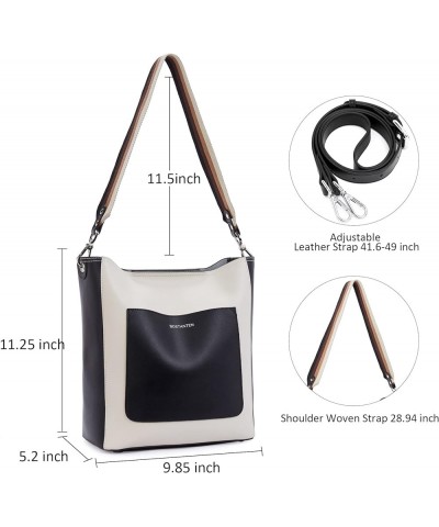 Women Leather Bucket Handbag Leather Purses Hobo Bags Large White+black (Genuine Leather) $50.96 Totes