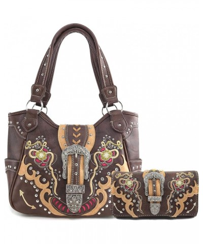 Floral Poppy Buckle Western Women Conceal Carry Tote Handbag Purse Set Brown Gold $28.88 Totes