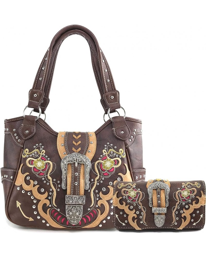 Floral Poppy Buckle Western Women Conceal Carry Tote Handbag Purse Set Brown Gold $28.88 Totes