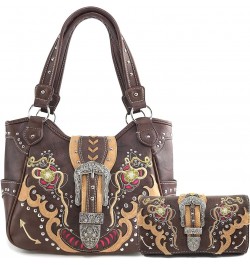 Floral Poppy Buckle Western Women Conceal Carry Tote Handbag Purse Set Brown Gold $28.88 Totes