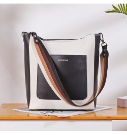 Women Leather Bucket Handbag Leather Purses Hobo Bags Large White+black (Genuine Leather) $50.96 Totes