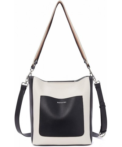 Women Leather Bucket Handbag Leather Purses Hobo Bags Large White+black (Genuine Leather) $50.96 Totes