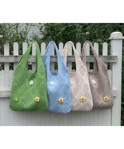 Women's Crochet Tramp Bag Knitted Tote Bag Shoulder Floral Pattern Tote Bag Vintage Wool Shopping Bag Hand-Woven Bag Light Bl...