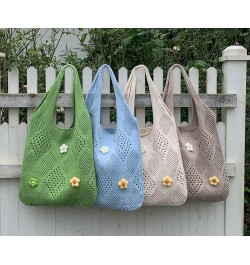 Women's Crochet Tramp Bag Knitted Tote Bag Shoulder Floral Pattern Tote Bag Vintage Wool Shopping Bag Hand-Woven Bag Light Bl...