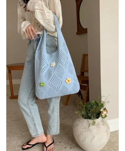 Women's Crochet Tramp Bag Knitted Tote Bag Shoulder Floral Pattern Tote Bag Vintage Wool Shopping Bag Hand-Woven Bag Light Bl...