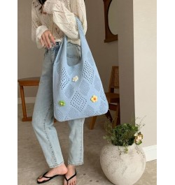 Women's Crochet Tramp Bag Knitted Tote Bag Shoulder Floral Pattern Tote Bag Vintage Wool Shopping Bag Hand-Woven Bag Light Bl...