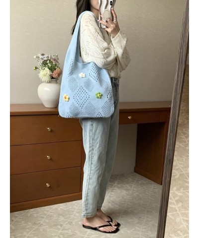 Women's Crochet Tramp Bag Knitted Tote Bag Shoulder Floral Pattern Tote Bag Vintage Wool Shopping Bag Hand-Woven Bag Light Bl...