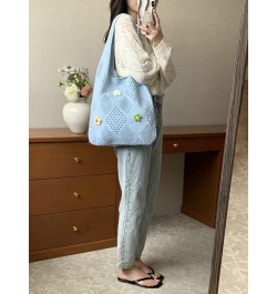 Women's Crochet Tramp Bag Knitted Tote Bag Shoulder Floral Pattern Tote Bag Vintage Wool Shopping Bag Hand-Woven Bag Light Bl...