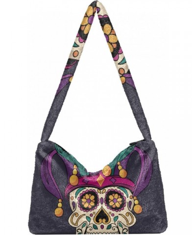 Mardi Gras Women Boho Handbag Fleur De Lis Sugar Skull Underarm Bag Tote Bag Shoulder Bag Crossbody Bag Fluffy Cell Phone Pur...