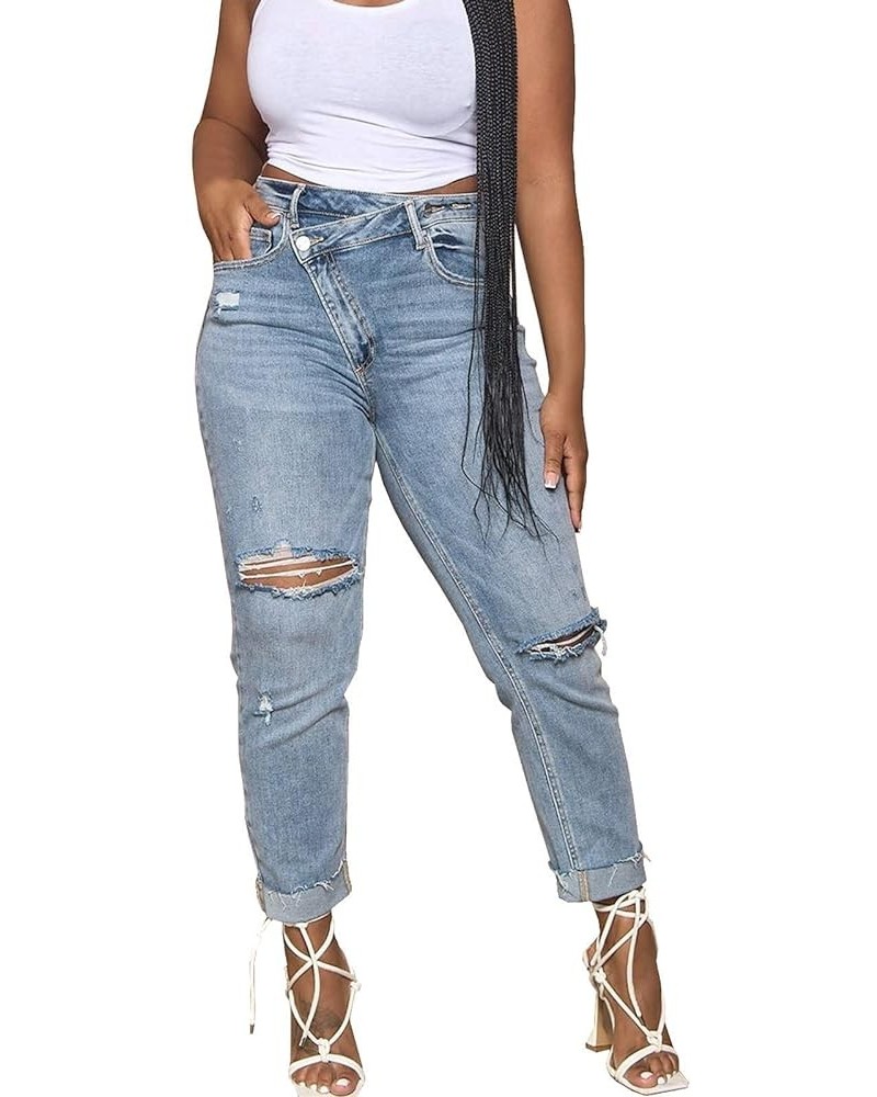 Women 2023 Casual Sexy Personality Ripped Stretch Buttons Jeans Close Fitting Pant Light Blue $17.28 Clothing