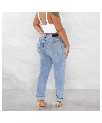 Women 2023 Casual Sexy Personality Ripped Stretch Buttons Jeans Close Fitting Pant Light Blue $17.28 Clothing