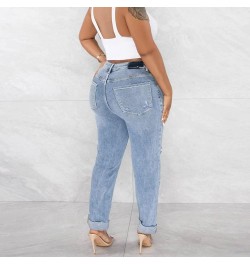 Women 2023 Casual Sexy Personality Ripped Stretch Buttons Jeans Close Fitting Pant Light Blue $17.28 Clothing