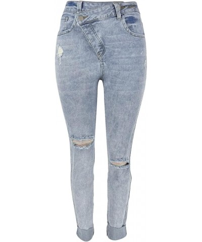 Women 2023 Casual Sexy Personality Ripped Stretch Buttons Jeans Close Fitting Pant Light Blue $17.28 Clothing