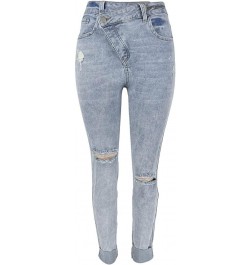 Women 2023 Casual Sexy Personality Ripped Stretch Buttons Jeans Close Fitting Pant Light Blue $17.28 Clothing