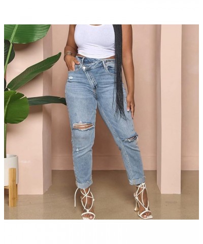 Women 2023 Casual Sexy Personality Ripped Stretch Buttons Jeans Close Fitting Pant Light Blue $17.28 Clothing