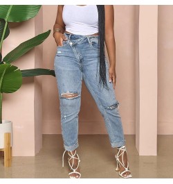 Women 2023 Casual Sexy Personality Ripped Stretch Buttons Jeans Close Fitting Pant Light Blue $17.28 Clothing