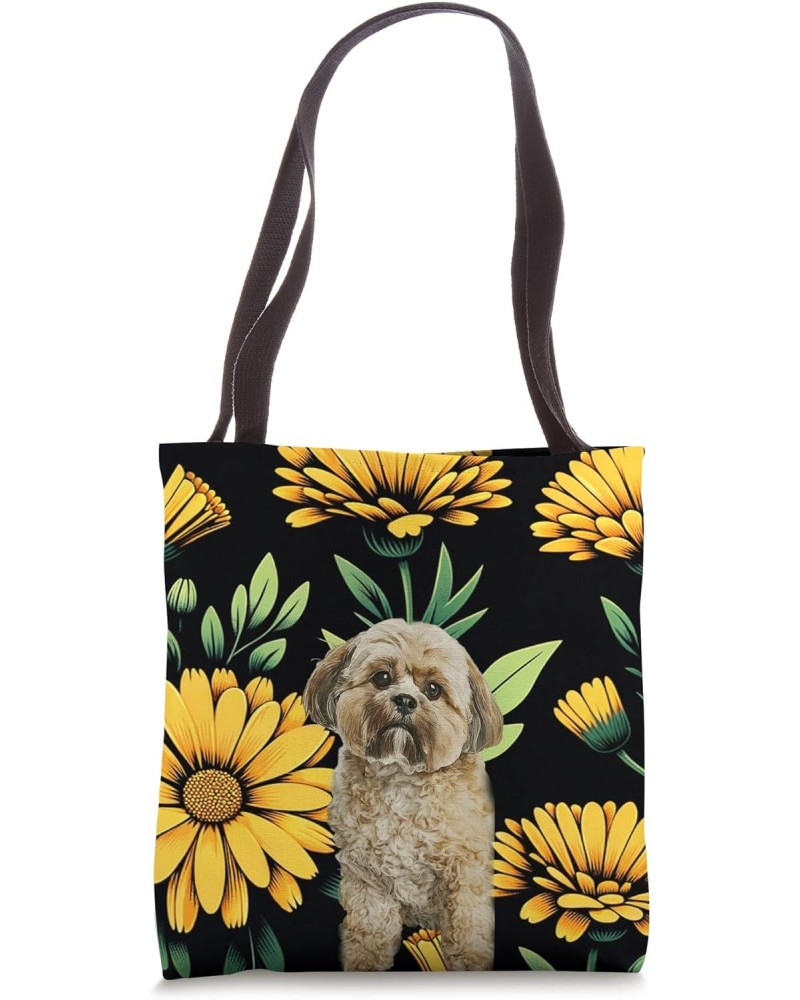 Shih Tzu Puppy Yellow Green Black Calendula Plant Tote Bag $16.79 Totes