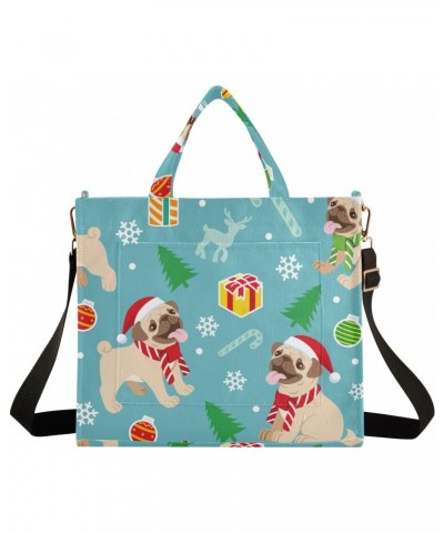 Christmas Happy Pug Dog Blue Tote Bag Corduroy Bag Large Handbag Shoulder Bag Satchel Bag for Women $17.09 Totes