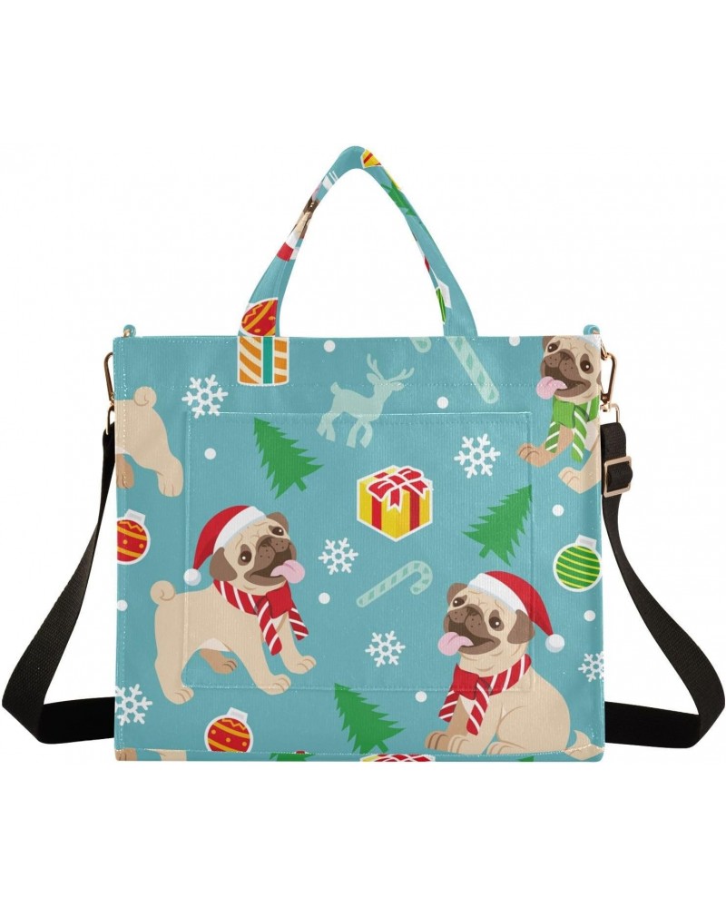 Christmas Happy Pug Dog Blue Tote Bag Corduroy Bag Large Handbag Shoulder Bag Satchel Bag for Women $17.09 Totes