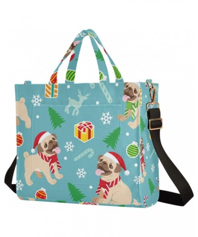 Christmas Happy Pug Dog Blue Tote Bag Corduroy Bag Large Handbag Shoulder Bag Satchel Bag for Women $17.09 Totes