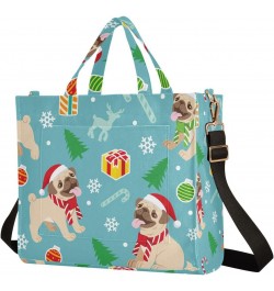 Christmas Happy Pug Dog Blue Tote Bag Corduroy Bag Large Handbag Shoulder Bag Satchel Bag for Women $17.09 Totes